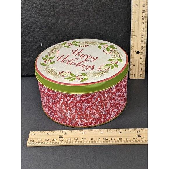 Happy Holidays Round Tin Container 5 Inches Round 2 Inches High C194 - Picture 1 of 7